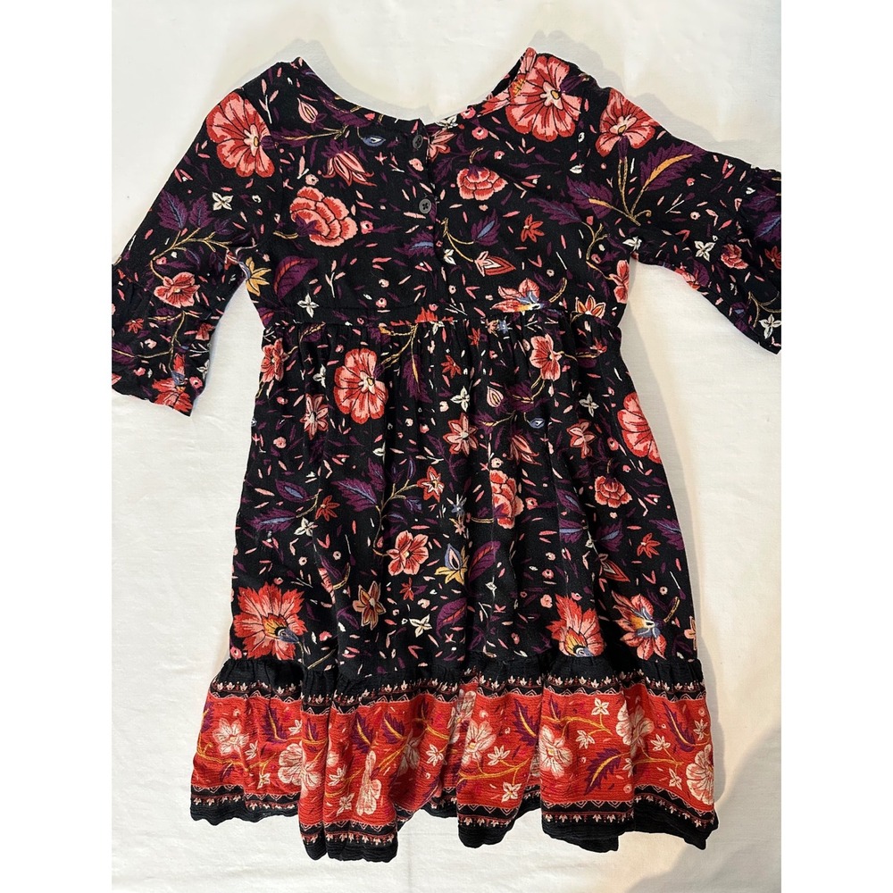 Old Navy Toddler Girls Black Red Floral Boho Ruffle Hem Rayon Dress 2T